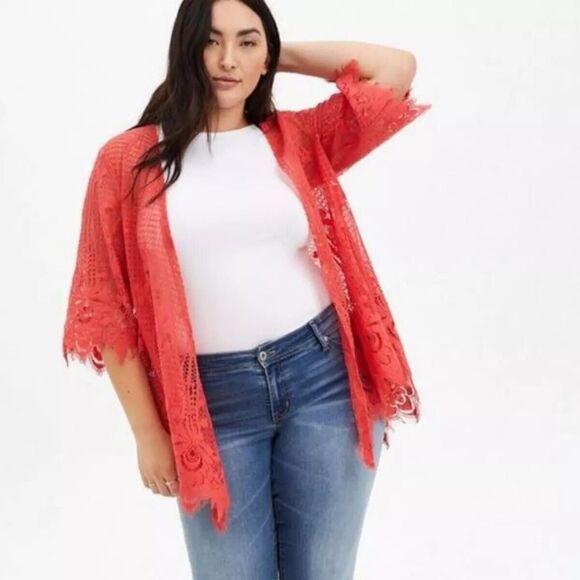 Torrid Tops - Torrid size 3 (3X / 22-24)coral lace kimono NWT